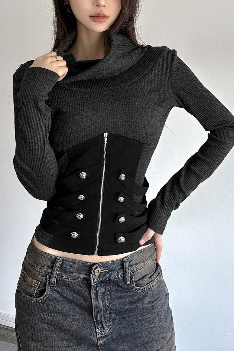 itted Ribbed Zip Detail Crop Top Main image