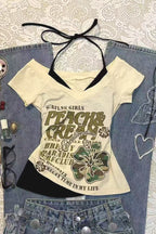 Y2K Vintage Printed Halter V Neck T Shirt
