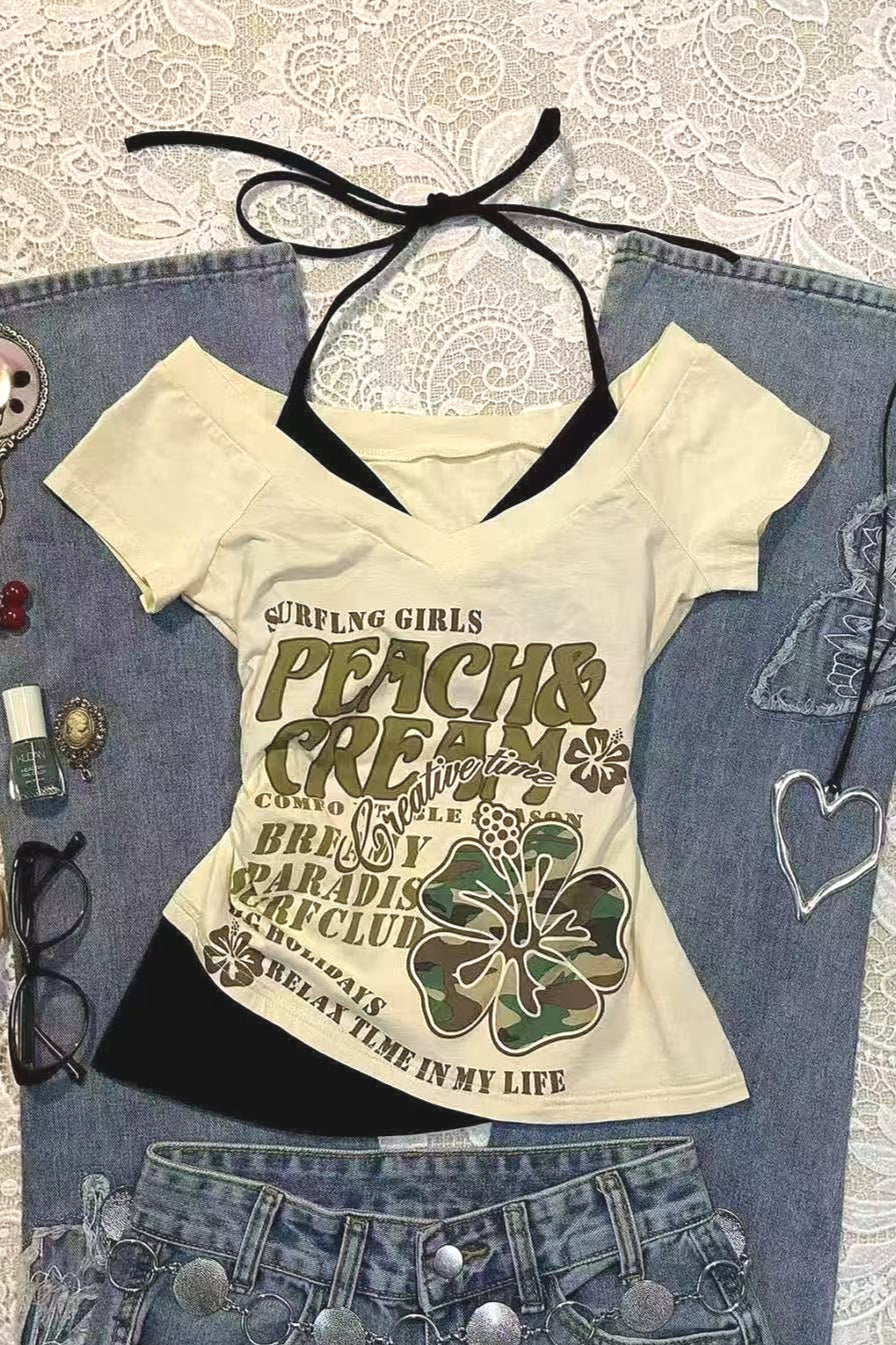 Y2K Vintage Printed Halter V Neck T Shirt
