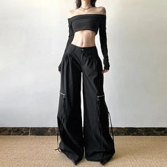 Black Cargo Zipper Pants