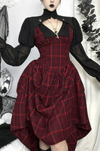 Red Plaid Sheer Sleeve Skirt Sets