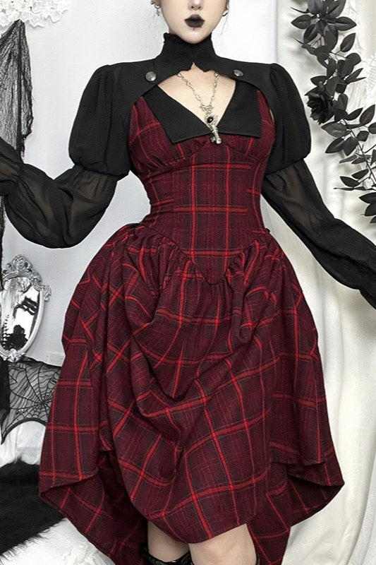 Red Plaid Sheer Sleeve Skirt Sets