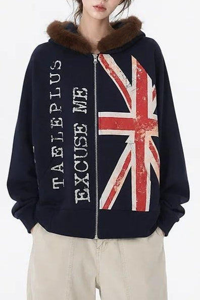 Flag Graphic Fluffy Trim Hoodies