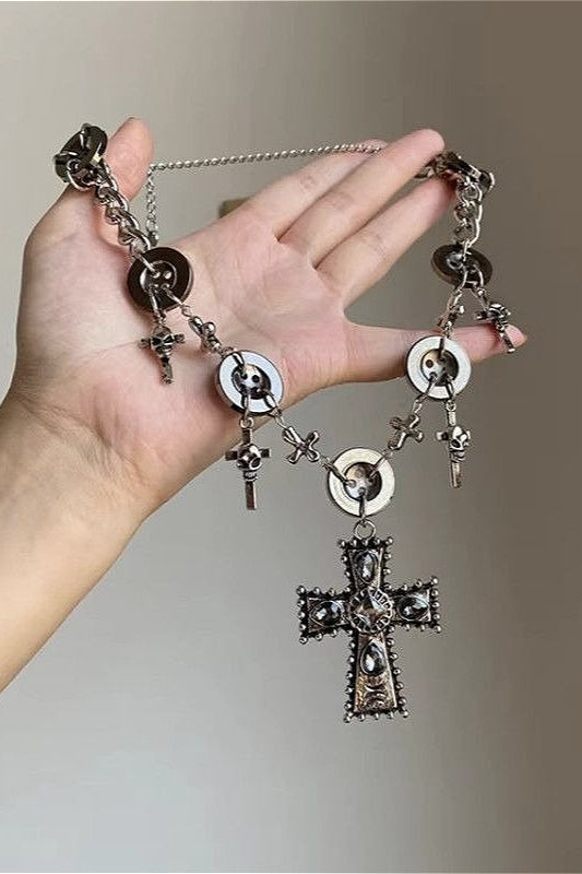 Dark Contract Punk Cross Button Necklace
