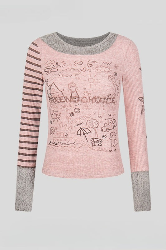 Print Fleece Patchwork Slim Crop Long Sleeve T-shirt Main image