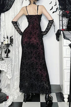 French Palace Dark Gothic Flocking Spaghetti Strap Maxi Dress
