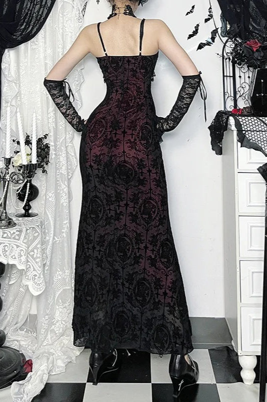 French Palace Dark Gothic Flocking Spaghetti Strap Maxi Dress