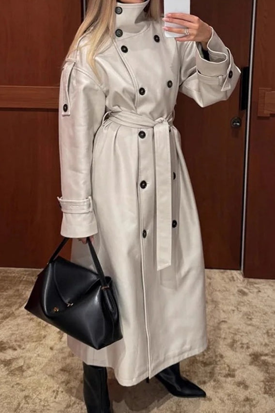 Beige Double-breasted Lapel Belted Trench Coat Main image