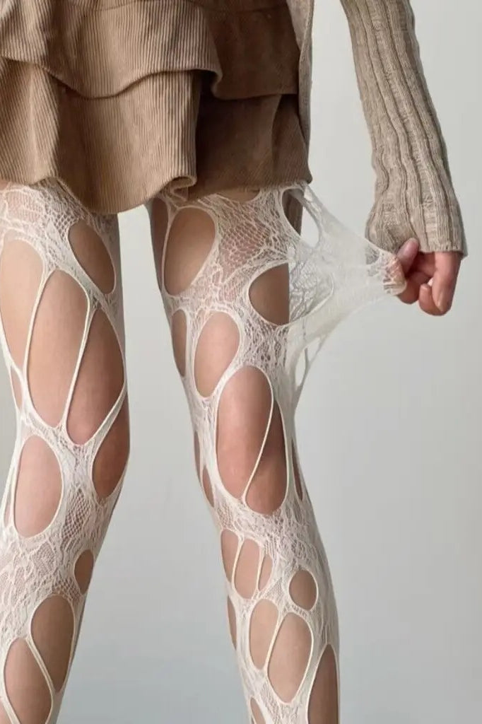Dark Gothic Punk Torn Fishnet Lace High Socks