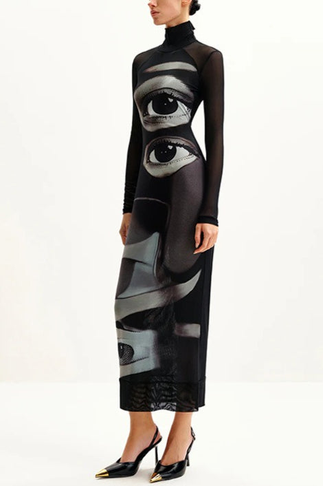 Eye Print High Neck Maxi Dress