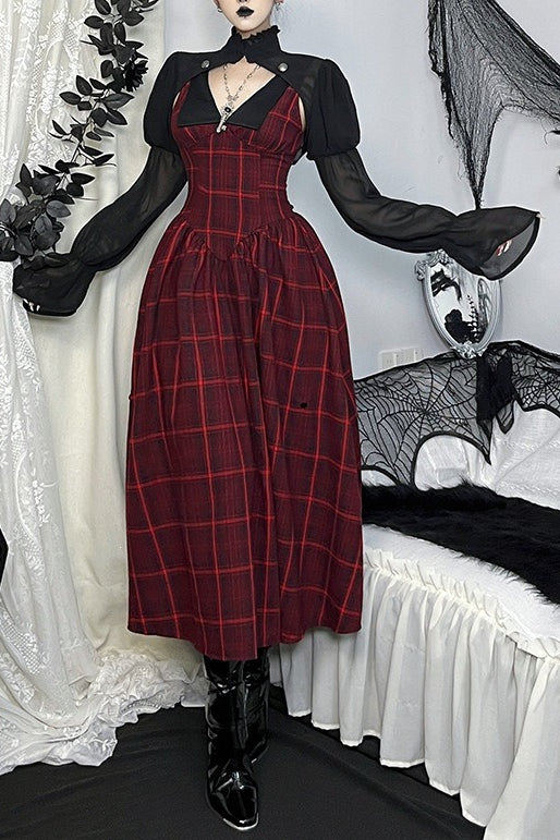 Red Plaid Sheer Sleeve Skirt Sets