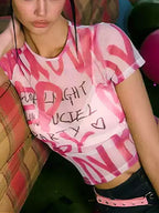Y2K Airbrush Print Hot Girl Mesh Top