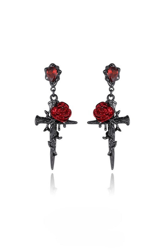 Gothic Red Rose Cross Earrings Secondary image