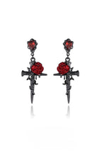 Gothic Red Rose Cross Earrings