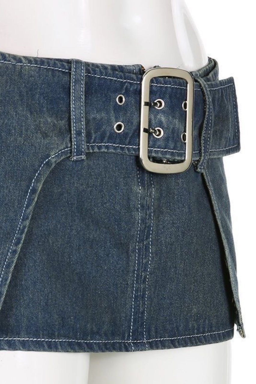 Belted Denim Mini Skirt