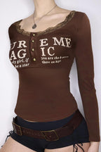 Lace Neck Letter Print Crop Tops