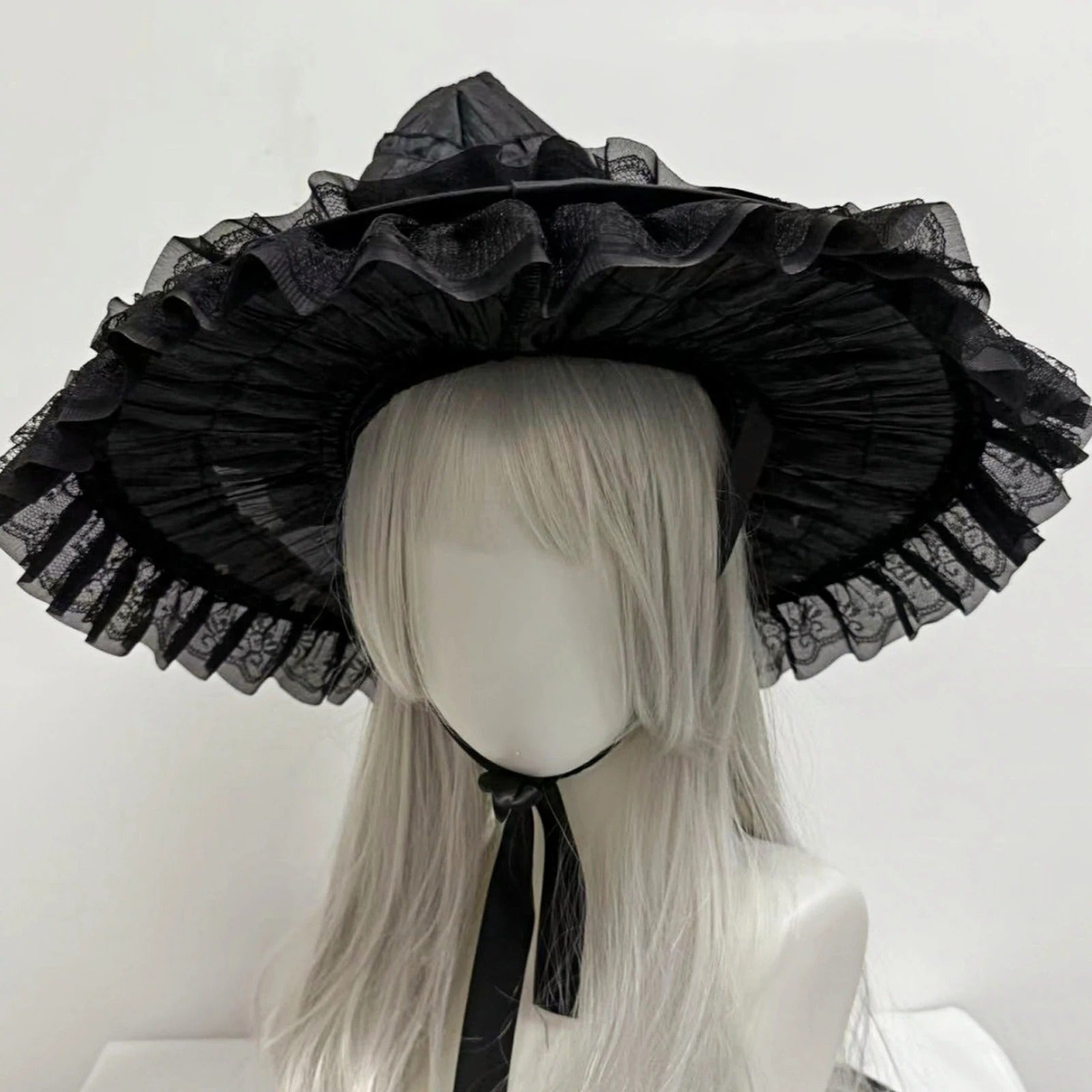 Black Witch Hat Gothic Rose Bow Lace Trim Hat Main image