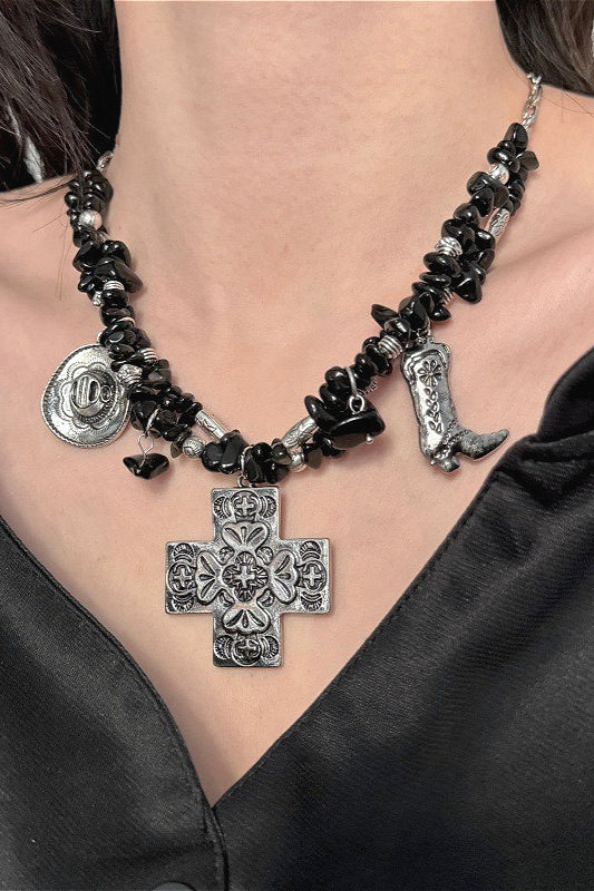 Punk Black Crushed Stone Cross Necklace