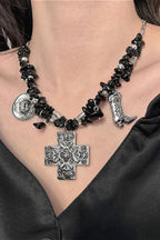 Punk Black Crushed Stone Cross Necklace