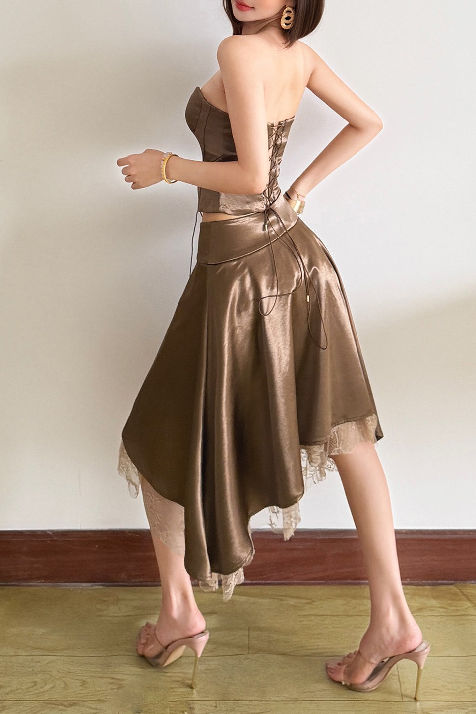 Brown Lace Front Corset Skirt Sets