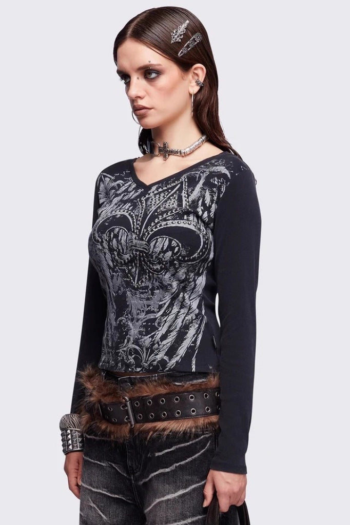 American Y2K Dark Aesthetic Black Print V-neck Long Sleeve Knit Top