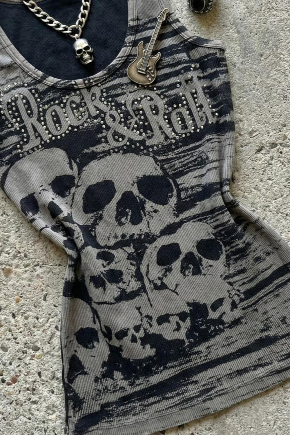 Grey Skull Letter Allover Printed Crew Neck Tank Top