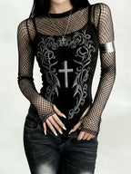 Dark Cyber Gothic Velvet Long Sleeve Mesh Top