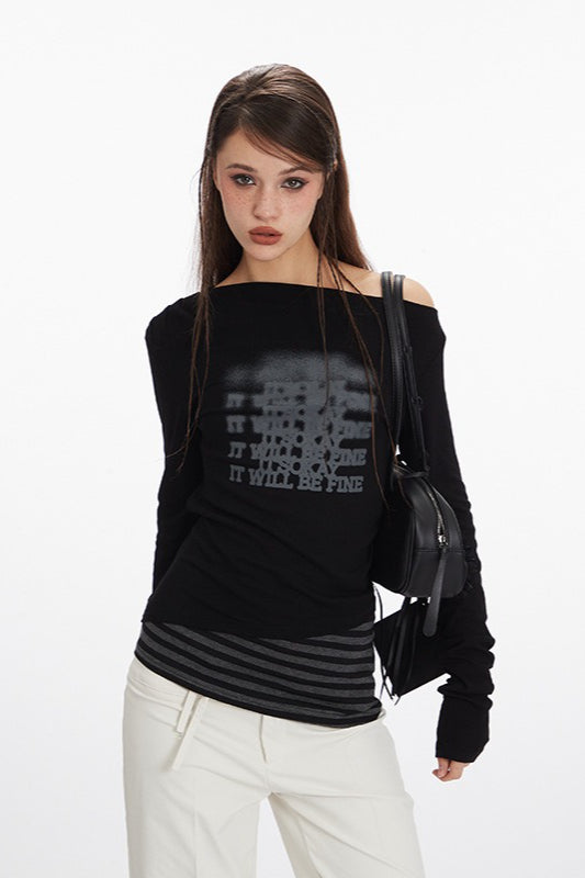 Virtual Patchwork Off Shoulder Asymmetric T-shirt Secondary image