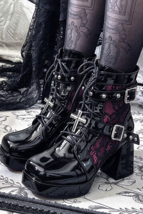 Cross Charm Lace Up Platform Boots
