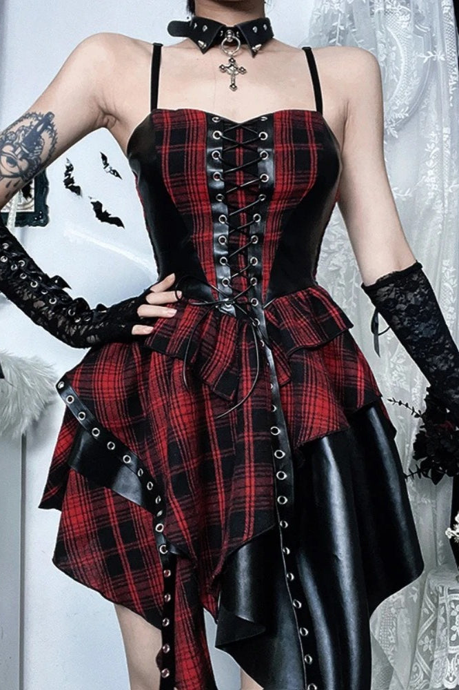Dark AltGoth Plaid Pu Patchwork Corset Spaghetti Strap Mini Dress Secondary image