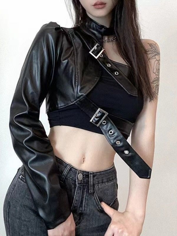 Punk Asymmetric PU Leather Single Sleeve Crop Top Main image
