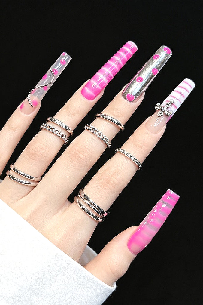 Y2K Pink Laser Polka Dot Press On Nails