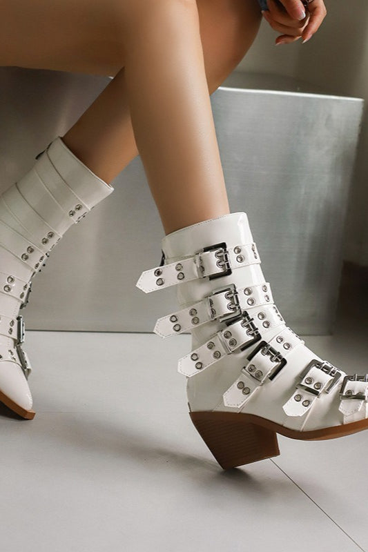 Pointed Buckle Western Ankle Boots