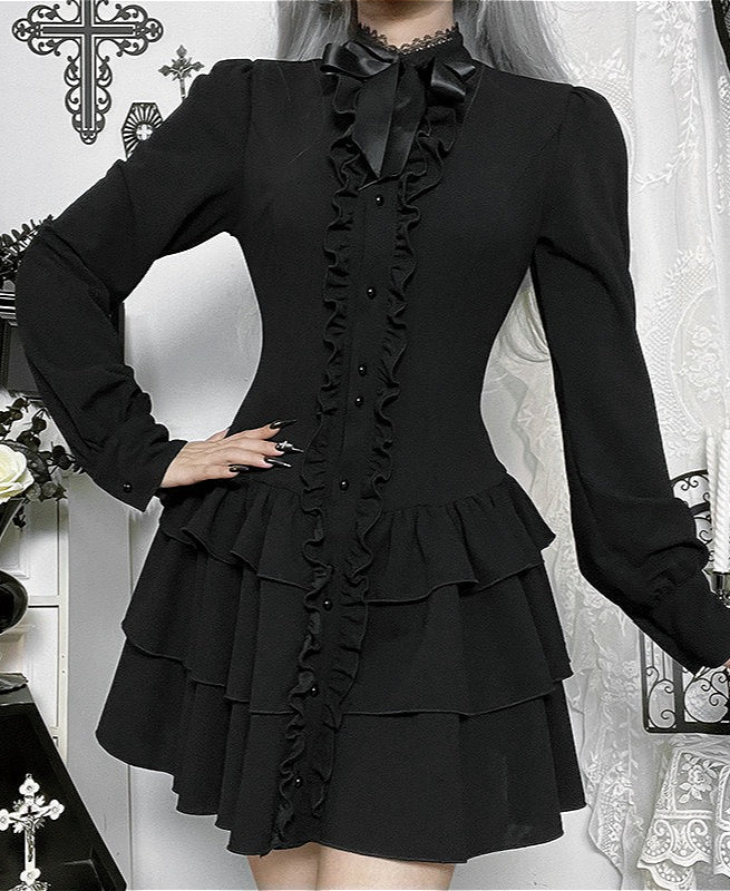 Gothic Black Ruffled Mini Dress