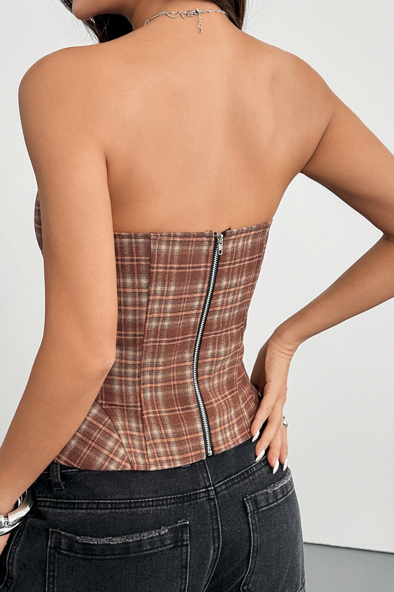 Plaid Strapless Lace Up Corsets