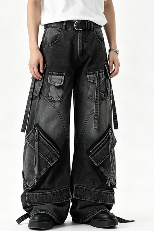 Multi-Pocket Strap Cargo Jeans