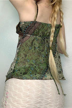 Y2K Retro Forest Print Irregular Camis