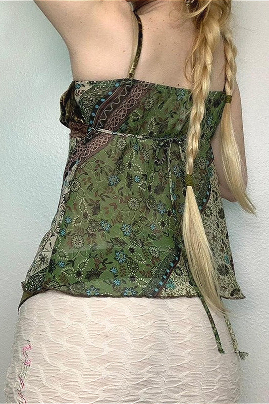 Y2K Retro Forest Print Irregular Camis