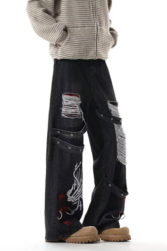 Heavy Duty Y2K Ripped Wide Leg Denim Pants