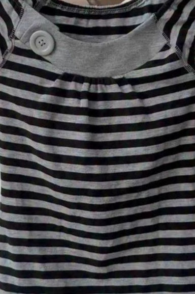Black White Striped One Shoulder Button Ruched Slim T-shirt