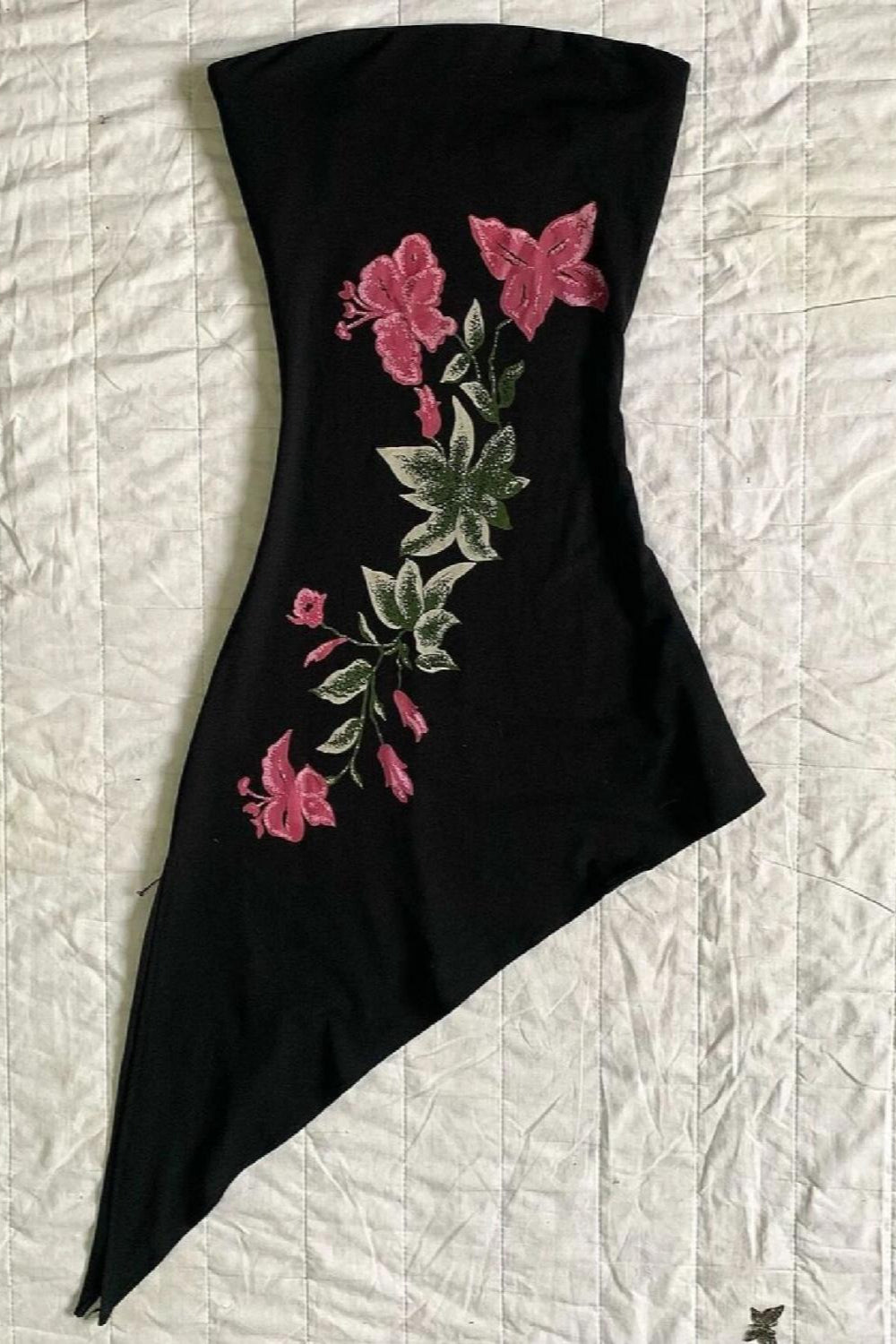 Black Floral Embroidered Asymmetric Tube Dress Main image