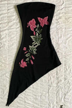Black Floral Embroidered Asymmetric Tube Dress