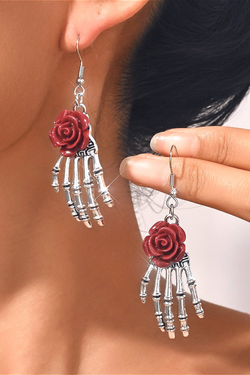Gothic Skull Hand Rose Earrings Secondary image
