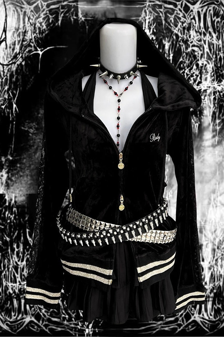 Lace Panel Embroidered Zip Hoodie