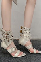 Studded Buckle Mid-Heel Sandals