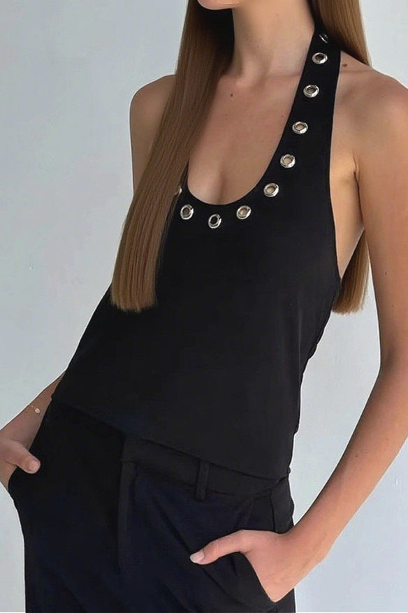Y2K Hollow Grommet Halter Top