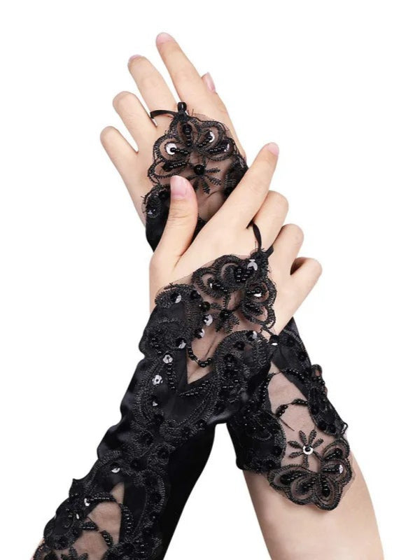 Gothic Satin Lace Sequins Fingerless Gloves Secondary image