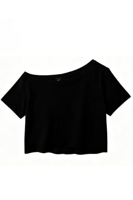 Asymmetric Shoulder Cropped Plain T-Shirt