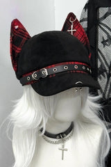 Y2K Gothic Punk Devil Ear Leather Buckle Cross Black Beret Hat