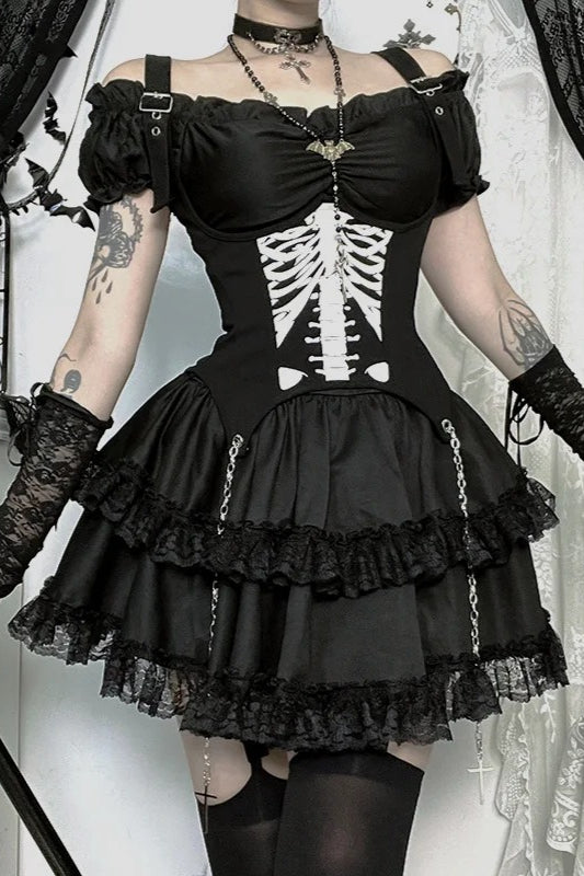 Black Ruffled Tiered Puff Sleeve Gothic Lolita Mini Dress Main image